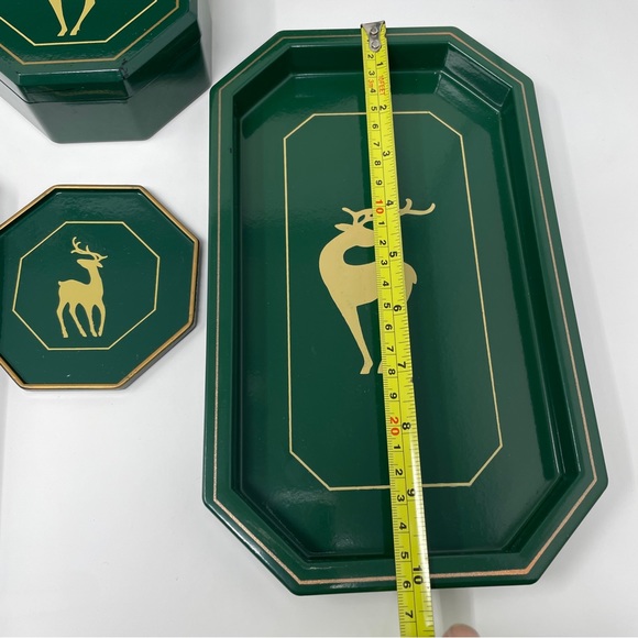 Vintage Serving Trays and Coasters Set Enesco Hunter Green Deer Made in Japan - Picture 16 of 16